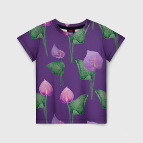 Детская футболка 3D с принтом Разноцветные антуриумы на фиолетовом фоне в Белгороде, 100% гипоаллергенный полиэфир | прямой крой, круглый вырез горловины, длина до линии бедер, чуть спущенное плечо, ткань немного тянется | 8 марта | anthuriums | flowers | leaves | nature | антуриумы | ботаническая иллюстрация | день рождения | зеленый | листья | природа | растения | фиолетовый | цветы