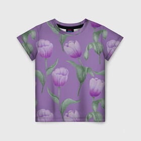 Детская футболка 3D с принтом Фиолетовые тюльпаны с зелеными листьями в Белгороде, 100% гипоаллергенный полиэфир | прямой крой, круглый вырез горловины, длина до линии бедер, чуть спущенное плечо, ткань немного тянется | 8 марта | flowers | leaves | nature | tulips | ботаническая иллюстрация | день рождения | зеленый | листья | природа | растения | тюльпаны | фиолетовый | цветы