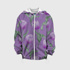 Детская куртка 3D с принтом Фиолетовые тюльпаны с зелеными листьями в Белгороде, 100% полиэстер | застежка — молния, подол и капюшон оформлены резинкой с фиксаторами, по бокам — два кармана без застежек, один потайной карман на груди, плотность верхнего слоя — 90 г/м2; плотность флисового подклада — 260 г/м2 | 8 марта | flowers | leaves | nature | tulips | ботаническая иллюстрация | день рождения | зеленый | листья | природа | растения | тюльпаны | фиолетовый | цветы