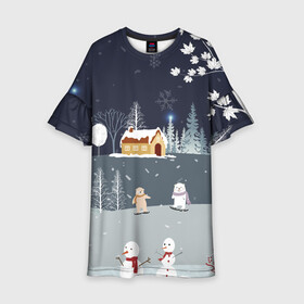 Детское платье 3D с принтом Снеговики и Мишки 2022 в Белгороде, 100% полиэстер | прямой силуэт, чуть расширенный к низу. Круглая горловина, на рукавах — воланы | 2022 | год | дед | дети | зима | коньки | мишки | мороз | новый | праздники | радость | рождество | санки | санта | снег | снеговик | счастливого
