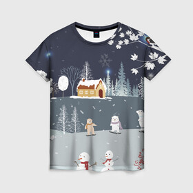 Женская футболка 3D с принтом Снеговики и Мишки 2022 в Белгороде, 100% полиэфир ( синтетическое хлопкоподобное полотно) | прямой крой, круглый вырез горловины, длина до линии бедер | 2022 | год | дед | дети | зима | коньки | мишки | мороз | новый | праздники | радость | рождество | санки | санта | снег | снеговик | счастливого