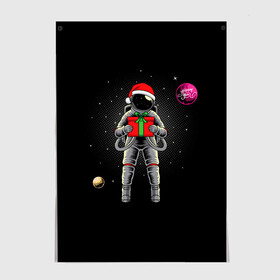 Постер с принтом Астронавт с подарком Astronaut and Gift в Белгороде, 100% бумага
 | бумага, плотность 150 мг. Матовая, но за счет высокого коэффициента гладкости имеет небольшой блеск и дает на свету блики, но в отличии от глянцевой бумаги не покрыта лаком | space | астронавт | дед мороз | звезда | космонавт | космос | новый год | планета | подарок | рождество | санта