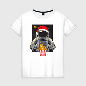 Женская футболка хлопок с принтом Космонавт и Новогоднее печенье Cosmonaut and cookies в Белгороде, 100% хлопок | прямой крой, круглый вырез горловины, длина до линии бедер, слегка спущенное плечо | space | астронавт | дед мороз | звезда | космонавт | космос | новый год | планета | подарок | рождество | санта