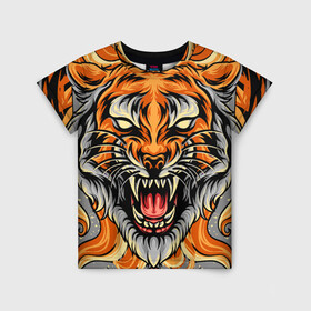 Детская футболка 3D с принтом Символ года тигр в гневе в Белгороде, 100% гипоаллергенный полиэфир | прямой крой, круглый вырез горловины, длина до линии бедер, чуть спущенное плечо, ткань немного тянется | 2022 | большая кошка | животное | новый год | символ года | тигр | хищник