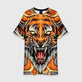 Детское платье 3D с принтом Символ года тигр в гневе в Белгороде, 100% полиэстер | прямой силуэт, чуть расширенный к низу. Круглая горловина, на рукавах — воланы | 2022 | большая кошка | животное | новый год | символ года | тигр | хищник