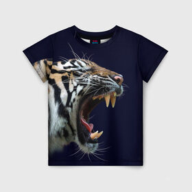 Детская футболка 3D с принтом Оскал тигра | Большая кошка в Белгороде, 100% гипоаллергенный полиэфир | прямой крой, круглый вырез горловины, длина до линии бедер, чуть спущенное плечо, ткань немного тянется | 2022 | big teeth | fangs | grin | tiger | tigr | tigris | большая кошка | большие зубы | клыки | новый год | оскалиться | острые клыки | полосатая кошка | скалить | скалить зубы | тигр