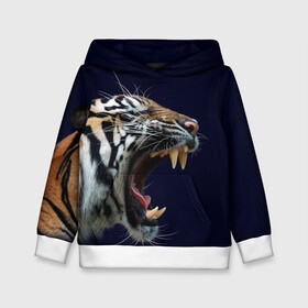 Детская толстовка 3D с принтом Оскал тигра | Большая кошка в Белгороде, 100% полиэстер | двухслойный капюшон со шнурком для регулировки, мягкие манжеты на рукавах и по низу толстовки, спереди карман-кенгуру с мягким внутренним слоем | 2022 | big teeth | fangs | grin | tiger | tigr | tigris | большая кошка | большие зубы | клыки | новый год | оскалиться | острые клыки | полосатая кошка | скалить | скалить зубы | тигр