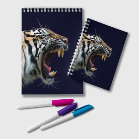 Блокнот с принтом Оскал тигра | Большая кошка в Белгороде, 100% бумага | 48 листов, плотность листов — 60 г/м2, плотность картонной обложки — 250 г/м2. Листы скреплены удобной пружинной спиралью. Цвет линий — светло-серый
 | Тематика изображения на принте: 2022 | big teeth | fangs | grin | tiger | tigr | tigris | большая кошка | большие зубы | клыки | новый год | оскалиться | острые клыки | полосатая кошка | скалить | скалить зубы | тигр