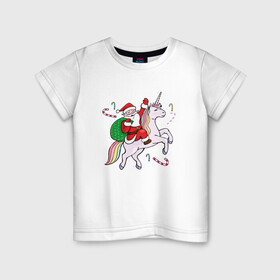 Детская футболка хлопок с принтом дед мороз на единороге 2022 в Белгороде, 100% хлопок | круглый вырез горловины, полуприлегающий силуэт, длина до линии бедер | 2022 | дед мороз | единорог | елка | ёлки | клаус | новогодний | новый год | санта | снегурочка