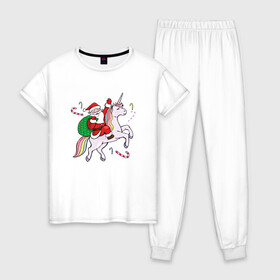 Женская пижама хлопок с принтом дед мороз на единороге 2022 в Белгороде, 100% хлопок | брюки и футболка прямого кроя, без карманов, на брюках мягкая резинка на поясе и по низу штанин | 2022 | дед мороз | единорог | елка | ёлки | клаус | новогодний | новый год | санта | снегурочка