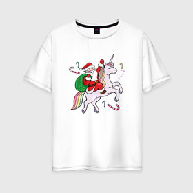 Женская футболка хлопок Oversize с принтом дед мороз на единороге 2022 в Белгороде, 100% хлопок | свободный крой, круглый ворот, спущенный рукав, длина до линии бедер
 | 2022 | дед мороз | единорог | елка | ёлки | клаус | новогодний | новый год | санта | снегурочка
