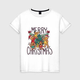 Женская футболка хлопок с принтом Merry Christmas в Белгороде, 100% хлопок | прямой крой, круглый вырез горловины, длина до линии бедер, слегка спущенное плечо | art | christmas | cookies | drawing | herringbone | holiday | merry christmas | new year | star | toys | tree | арт | елка | елочка | звезда | игрушки | новый год | печенье | праздник | рисунок | рождество