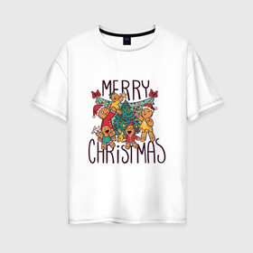 Женская футболка хлопок Oversize с принтом Merry Christmas в Белгороде, 100% хлопок | свободный крой, круглый ворот, спущенный рукав, длина до линии бедер
 | art | christmas | cookies | drawing | herringbone | holiday | merry christmas | new year | star | toys | tree | арт | елка | елочка | звезда | игрушки | новый год | печенье | праздник | рисунок | рождество