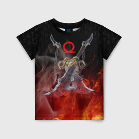 Детская футболка 3D с принтом МЕЧИ КРАТОСА, БОГ ВОЙНЫ в Белгороде, 100% гипоаллергенный полиэфир | прямой крой, круглый вырез горловины, длина до линии бедер, чуть спущенное плечо, ткань немного тянется | ascension | betrayal | chains of olympus | cratos | fire | flame | ghost of sparta | god of war | hack and slash | kratos | logo | ragnarok | rune | бог войны | год ов вар | год оф вар | игра | иероглифы | кратос | лого | логотип | огонь | пламя | рагнарё