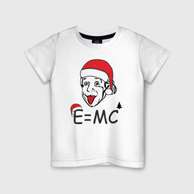 Детская футболка хлопок с принтом Новогодний Эйнштейн в Белгороде, 100% хлопок | круглый вырез горловины, полуприлегающий силуэт, длина до линии бедер | альберт эйнштейн | елка | ель | новогодний колпак | новогодний эйнштейн | новый год | прикол | рождество | формула | формула относительности | язык
