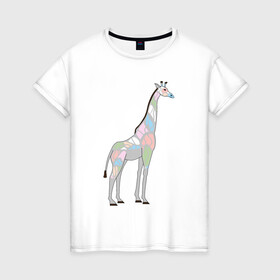 Женская футболка хлопок с принтом Волшебный жираф в Белгороде, 100% хлопок | прямой крой, круглый вырез горловины, длина до линии бедер, слегка спущенное плечо | автралия | африка | волшебство | животное | жираф | зверь | мило | милота | мозаика | редкое животное | сказка | цвета | чудо | экзотика
