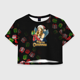 Женская футболка Crop-top 3D с принтом Merry Christmas Снегурочка с подарком. в Белгороде, 100% полиэстер | круглая горловина, длина футболки до линии талии, рукава с отворотами | 2022 | happy new year | merry christmas | год тигра | зима близко | нг | новогодний | новый год | новый год 2022 | подарки | праздник | рождество | символ 2022 года | снегурочка | снежинки