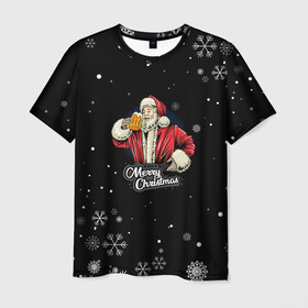 Мужская футболка 3D с принтом Merry Christmas Санта с пивом в Белгороде, 100% полиэфир | прямой крой, круглый вырез горловины, длина до линии бедер | 2022 | happy new year | merry christmas | santa | год тигра | зима близко | нг | новогодний | новогодний санта | новый год | новый год 2022 | рождество | санта | символ 2022 года | снег