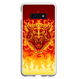 Чехол для Samsung S10E с принтом Огненный тигр в пламени в Белгороде, Силикон | Область печати: задняя сторона чехла, без боковых панелей | огонь | пламя | символ года | тигр | хищник