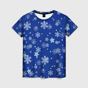 Женская футболка 3D с принтом Снежинки.. в Белгороде, 100% полиэфир ( синтетическое хлопкоподобное полотно) | прямой крой, круглый вырез горловины, длина до линии бедер | 2022 | в топе | в тренде | зима | новый год | подарок | популярное | снег | снежинки