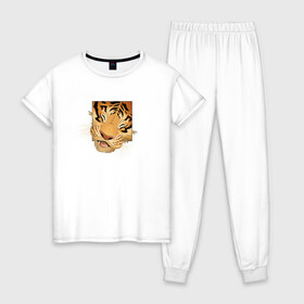Женская пижама хлопок с принтом Моська Тигрёнка в Белгороде, 100% хлопок | брюки и футболка прямого кроя, без карманов, на брюках мягкая резинка на поясе и по низу штанин | Тематика изображения на принте: 2022 год | tigr | toger | год тигра | новый год 2022 | новый год тигра | тигр | тигра | тигрёнок