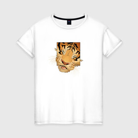 Женская футболка хлопок с принтом Моська Тигрёнка в Белгороде, 100% хлопок | прямой крой, круглый вырез горловины, длина до линии бедер, слегка спущенное плечо | Тематика изображения на принте: 2022 год | tigr | toger | год тигра | новый год 2022 | новый год тигра | тигр | тигра | тигрёнок