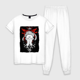 Женская пижама хлопок с принтом ЗАКЛИНАНИЕ ИТАДОРИ, СУКУНА в Белгороде, 100% хлопок | брюки и футболка прямого кроя, без карманов, на брюках мягкая резинка на поясе и по низу штанин | Тематика изображения на принте: anime | japan | japanese | jujutsu | jujutsu kaisen | kaisen | sukuna | tattoo | аниме | двуликий призрак | иероглифы | инумаки | итадори | итадори юдзи | магическая битва | нобара | панда | рёмен | рёмен сукуна | сатору | сукуна