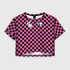 Женская футболка Crop-top 3D с принтом Инопланетянин в черно розовую клетку в Белгороде, 100% полиэстер | круглая горловина, длина футболки до линии талии, рукава с отворотами | егор | егор шип | инопланетянин | клетка | любимый трек | розовый | черно розовая | черный | шип