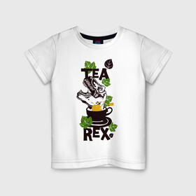 Детская футболка хлопок с принтом Динозавр в чашке чая в Белгороде, 100% хлопок | круглый вырез горловины, полуприлегающий силуэт, длина до линии бедер | динозавр | лист | пакетик | уличный стиль | чай | чашка
