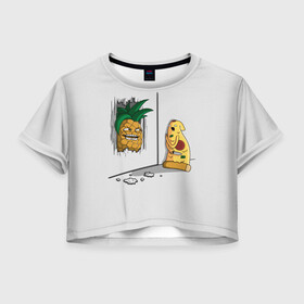 Женская футболка Crop-top 3D с принтом HERES PINEAPPLE! в Белгороде, 100% полиэстер | круглая горловина, длина футболки до линии талии, рукава с отворотами | here | is | johnny | mem | meme | memes | pineapple | pizza | shining | ананас | джонни | мем | мемы | пица | пицца | сияние | это