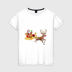 Женская футболка хлопок с принтом Рождество Санта Клаус и санки в Белгороде, 100% хлопок | прямой крой, круглый вырез горловины, длина до линии бедер, слегка спущенное плечо | новыйгод | олени | рождество | санки | сантаклаус