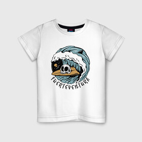 Детская футболка хлопок с принтом Fuerteventura   surfing в Белгороде, 100% хлопок | круглый вырез горловины, полуприлегающий силуэт, длина до линии бедер | Тематика изображения на принте: fin | furteventura | hype | shark | skull | summer | surfing | wave | акула | волна | лето | плавник | сёрфинг | фуэртевентура | хайп | череп