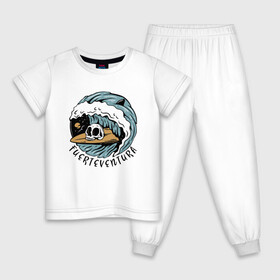 Детская пижама хлопок с принтом Fuerteventura - surfing в Белгороде, 100% хлопок |  брюки и футболка прямого кроя, без карманов, на брюках мягкая резинка на поясе и по низу штанин
 | Тематика изображения на принте: fin | furteventura | hype | shark | skull | summer | surfing | wave | акула | волна | лето | плавник | сёрфинг | фуэртевентура | хайп | череп