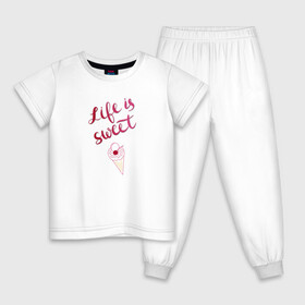 Детская пижама хлопок с принтом Life is sweet Ice cream в Белгороде, 100% хлопок |  брюки и футболка прямого кроя, без карманов, на брюках мягкая резинка на поясе и по низу штанин
 | вишня | мороженое | рожок | розовый | сладкая жизнь