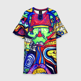 Детское платье 3D с принтом ПСИХОДЕЛЛА в Белгороде, 100% полиэстер | прямой силуэт, чуть расширенный к низу. Круглая горловина, на рукавах — воланы | Тематика изображения на принте: абстракция | пестрый | психоделика | цветной | яркий