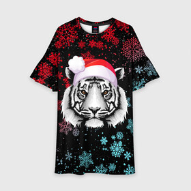 Детское платье 3D с принтом НОВОГОДНИЙ БЕЛЫЙ ТИГР В НЕОНЕ в Белгороде, 100% полиэстер | прямой силуэт, чуть расширенный к низу. Круглая горловина, на рукавах — воланы | Тематика изображения на принте: 2022 | beast | merry christmas | new year | red bow | santa hat | snow | tiger | winter | winter is coming | year of the tiger | год тигра | дед мороз | животные | звери | зверь | зима | зима 2022 | зима близко | новог | новогодни