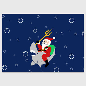 Поздравительная открытка с принтом САНТА КЛАУС НА АКУЛЕ | SANTA в Белгороде, 100% бумага | плотность бумаги 280 г/м2, матовая, на обратной стороне линовка и место для марки
 | 2020 | 2021 | 2022 | christmas | merry | santa | акула | дед мороз | нг | новогодний | новый год | рождество | санта клаус | свитер | узоры