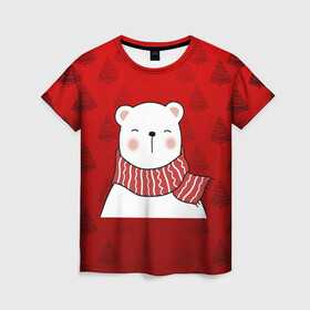 Женская футболка 3D с принтом МЕДВЕЖОНОК УМКА БЕЛЫЙ МИШКА в Белгороде, 100% полиэфир ( синтетическое хлопкоподобное полотно) | прямой крой, круглый вырез горловины, длина до линии бедер | 2021 | new year | деда мороза | друг | ёлка | ёлочка | к нам приходит | как у всех | клауса | костюм | красный | медведь | медвежонок | новогодний | новый год | праздник | рекомендации | рождество | санты | узор
