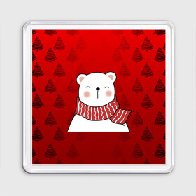 Магнит 55*55 с принтом МЕДВЕЖОНОК УМКА БЕЛЫЙ МИШКА в Белгороде, Пластик | Размер: 65*65 мм; Размер печати: 55*55 мм | 2021 | new year | деда мороза | друг | ёлка | ёлочка | к нам приходит | как у всех | клауса | костюм | красный | медведь | медвежонок | новогодний | новый год | праздник | рекомендации | рождество | санты | узор