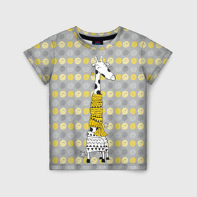 Детская футболка 3D с принтом Милая жирафа в шарфе в Белгороде, 100% гипоаллергенный полиэфир | прямой крой, круглый вырез горловины, длина до линии бедер, чуть спущенное плечо, ткань немного тянется | высокий | графика | длинная шея | животное | жираф | кружочки