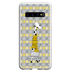 Чехол для Samsung Galaxy S10 с принтом Милая жирафа в шарфе в Белгороде, Силикон | Область печати: задняя сторона чехла, без боковых панелей | Тематика изображения на принте: высокий | графика | длинная шея | животное | жираф | кружочки