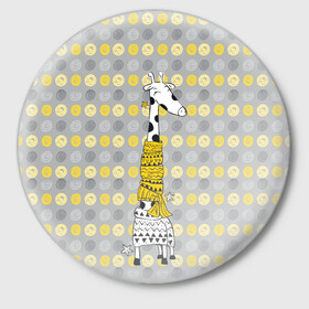 Значок с принтом Милая жирафа в шарфе в Белгороде,  металл | круглая форма, металлическая застежка в виде булавки | Тематика изображения на принте: высокий | графика | длинная шея | животное | жираф | кружочки