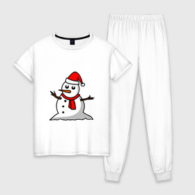 Женская пижама хлопок с принтом Двухсторонний снеговик в Белгороде, 100% хлопок | брюки и футболка прямого кроя, без карманов, на брюках мягкая резинка на поясе и по низу штанин | snowman | большой снеговик | снеговик новогодний | снеговик с морковкой | снеговик с руками палками | снеговик с угольками глазками | снеговик спиной | снежная баба | снежный человек