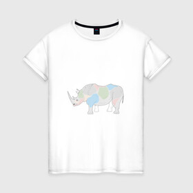 Женская футболка хлопок с принтом Волшебный носорог в Белгороде, 100% хлопок | прямой крой, круглый вырез горловины, длина до линии бедер, слегка спущенное плечо | африка | волшебство | животное | животные | звери | зверь | мило | милота | носорог | пятна | пятнистый | разноцветный | сказка | экзотика