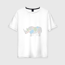 Женская футболка хлопок Oversize с принтом Волшебный носорог в Белгороде, 100% хлопок | свободный крой, круглый ворот, спущенный рукав, длина до линии бедер
 | африка | волшебство | животное | животные | звери | зверь | мило | милота | носорог | пятна | пятнистый | разноцветный | сказка | экзотика