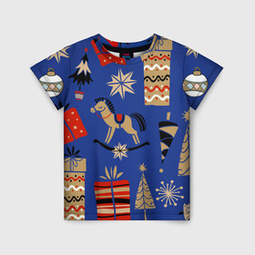 Детская футболка 3D с принтом Новогодний узор.. в Белгороде, 100% гипоаллергенный полиэфир | прямой крой, круглый вырез горловины, длина до линии бедер, чуть спущенное плечо, ткань немного тянется | ёлки | лошадка | новогодний узор | новый год | подарок | подарок детям | узор