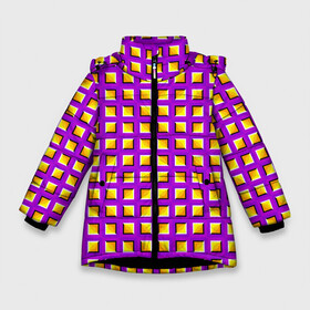 Зимняя куртка для девочек 3D с принтом Фиолетовый Фон с Желтыми Квадратами (Иллюзия Движения) в Белгороде, ткань верха — 100% полиэстер; подклад — 100% полиэстер, утеплитель — 100% полиэстер. | длина ниже бедра, удлиненная спинка, воротник стойка и отстегивающийся капюшон. Есть боковые карманы с листочкой на кнопках, утяжки по низу изделия и внутренний карман на молнии. 

Предусмотрены светоотражающий принт на спинке, радужный светоотражающий элемент на пуллере молнии и на резинке для утяжки. | абстракция | аум | галлюцинация | зазеркалье | игра ума | иллюзии | индиго | майя | мантра | медитация | мираж | неон | нирвана | обман зрения | ом | оптические иллюзии | просветление | психоделика