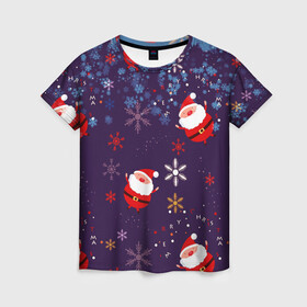 Женская футболка 3D с принтом Дед Мороз в снежинках в Белгороде, 100% полиэфир ( синтетическое хлопкоподобное полотно) | прямой крой, круглый вырез горловины, длина до линии бедер | 2021 | happy new year 2022 | дед мороз | новый год | новый год 2022 | праздник | санта | снежинки