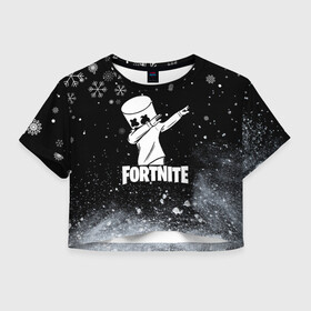 Женская футболка Crop-top 3D с принтом НОВОГОДНИЙ FORTNITE MARSHMELLO в Белгороде, 100% полиэстер | круглая горловина, длина футболки до линии талии, рукава с отворотами | fortnite | fortnite 2 | fortnite x | game | marshmello | игра | маршмелло | новогодний | снежинки | фортнайт | фортнайт 2 | фортнайт глава 2