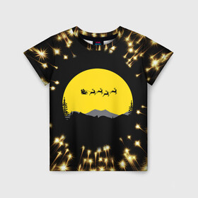 Детская футболка 3D с принтом Фейерверк Санта в Белгороде, 100% гипоаллергенный полиэфир | прямой крой, круглый вырез горловины, длина до линии бедер, чуть спущенное плечо, ткань немного тянется | black | christmas | fireworks | holiday | moon | new | new year | popular | reindeer | santa claus | sleigh | top | trend | yellow | дед мороз | желтый | луна | новый | новый год | олени | популярный | праздник | рождество | салют | сани | санта клаус | т